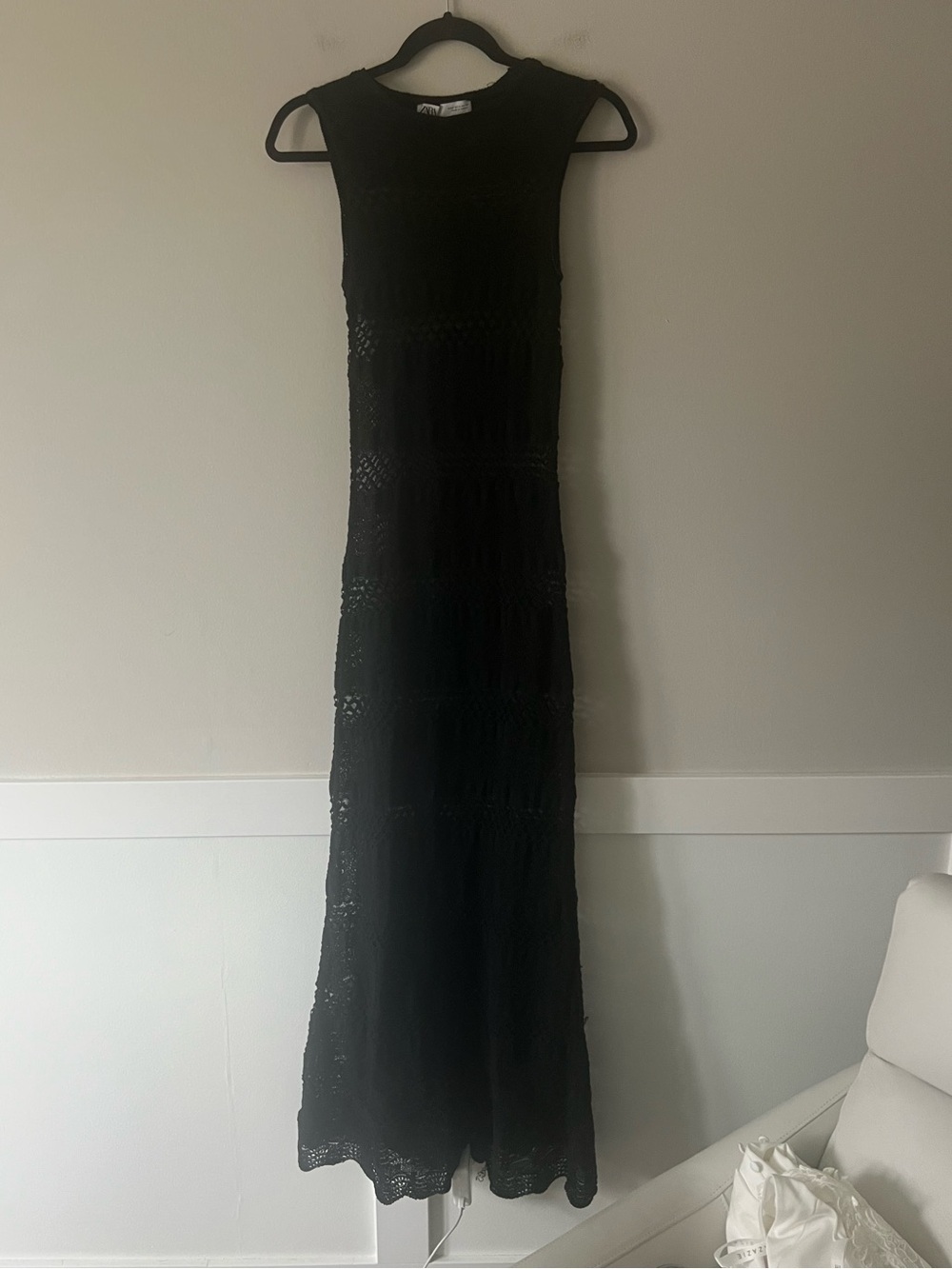 Zara Black Open Knit Crochet Maxi Dress Sleeveless Beach Cover Up S